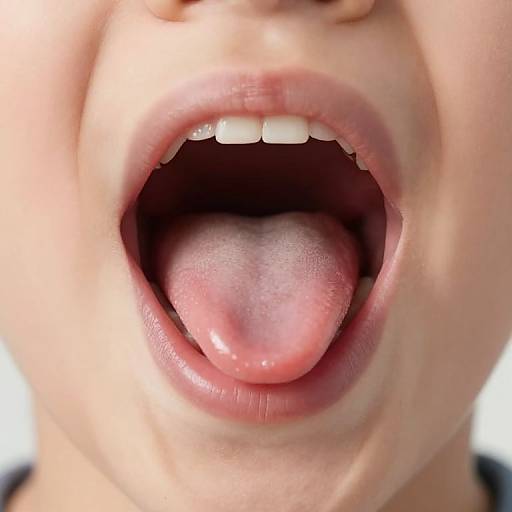 Close-up photograph of a child's open mouth with tongue visible, pink and slightly textured, showing upper teeth and white gums.