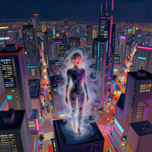 Digital art: Neon-lit, futuristic cityscape with a glowing, smoke-wreathed, nude, androgynous figure standing atop a building