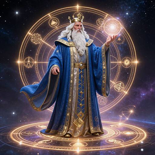 Cosmic Elderly Sorcerer in Celestial Robes