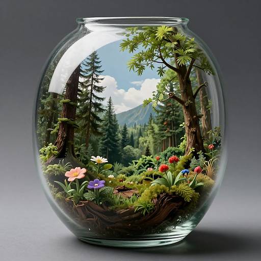 Photorealistic digital artwork of a clear glass bowl filled with a vibrant forest scene, including colorful flowers, moss, trees, and a mountainous background