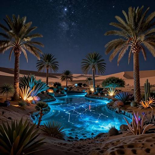 Luminous desert pool at night, surrounded by glowing palm trees and starry sky, with constellations visible in the blue water.