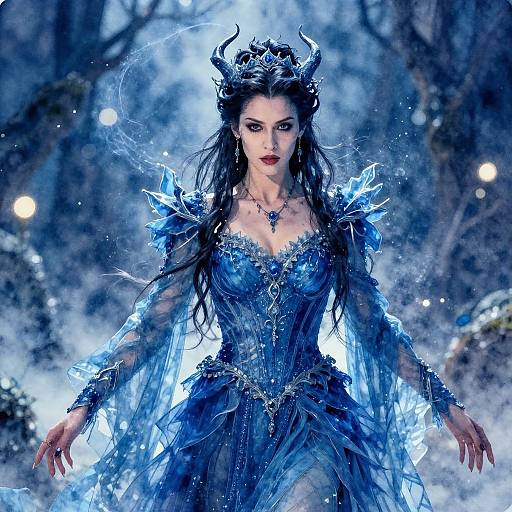 Digital fantasy artwork of a regal, dark-haired female demon with blue ice-themed armor, horns, and glowing eyes, surrounded by icy fog.