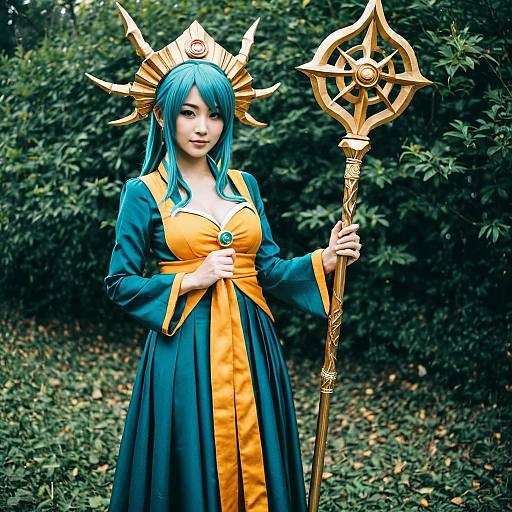 Cosplay photograph of an Asian woman with blue hair, wearing a teal and orange mage outfit with a golden crown and staff, standing in a leafy