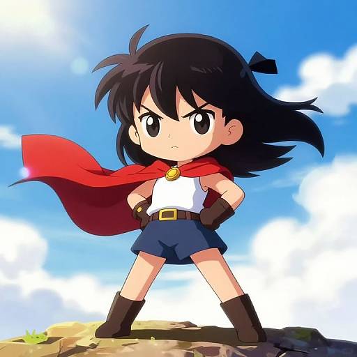 Anime-style digital drawing of a determined young girl with black hair, red cape, white shirt, blue shorts, brown boots, and gloves, standing on