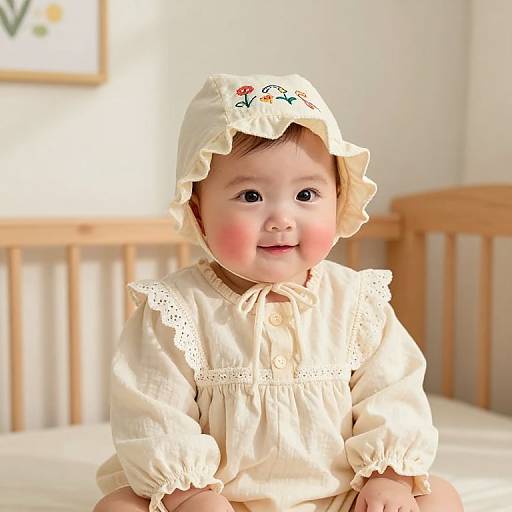 Photograph of a smiling baby with rosy cheeks, wearing a cream-colored, embroidered, bonnet-style dress, sitting on a wooden crib.