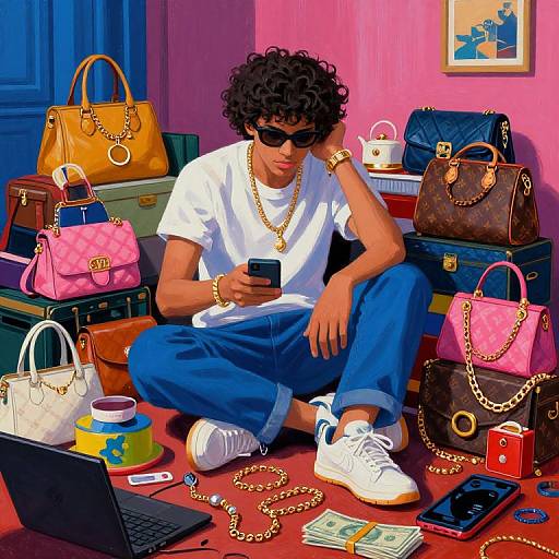 Digital illustration of a curly-haired man in sunglasses, white tee, blue jeans, gold chains, surrounded by luxury handbags, jewelry, laptops, and
