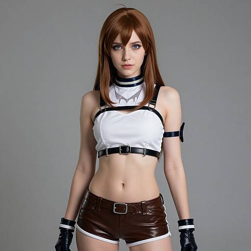 Digital artwork of a slim, pale-skinned woman with brown hair, wearing a white crop top, black harness, brown leather shorts, and black gloves