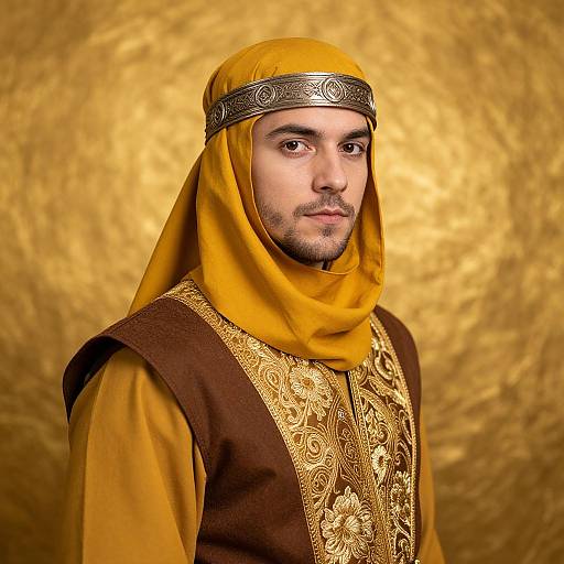 Photograph of a Middle Eastern man with light olive skin, wearing a yellow headscarf and ornate brown and gold traditional garment, set against a