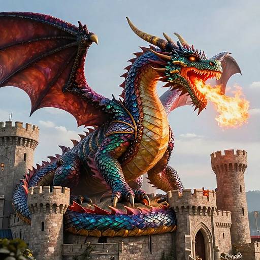 Photorealistic digital art of a vibrant, multicolored dragon with glowing orange breath, perched on a medieval castle turret, wings spread.