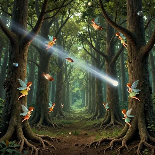 Digital artwork of a dense forest with glowing fairy-like fish with orange bodies and blue wings, surrounded by trees, illuminated by bright, star-like beams of