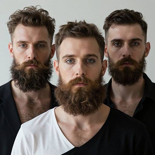 Photograph of three bearded Caucasian men with dark hair, wearing black shirts, standing closely together against a white background. Central man wears white shirt.