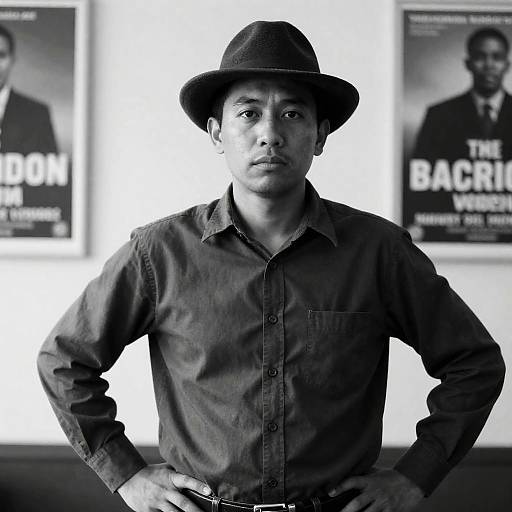 Man in Dark Hat with Posters Behind