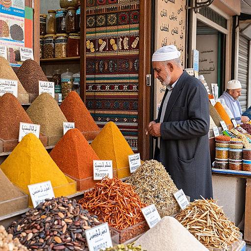 Photograph of a Middle Eastern spice market stall, showing a bearded man in a white cap and black suit examining colorful spice cones labeled in Arabic.