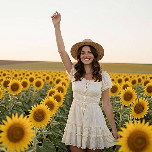 Smiling woman in white dress and straw hat, raising arm in sunflower field at sunset; vibrant yellow sunflowers surround her.