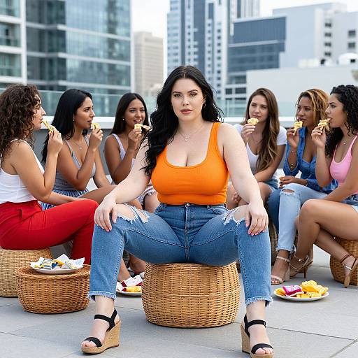 Photograph of six women with diverse ethnicities, sitting on wicker stools in an urban setting, eating snacks. Central woman in orange tank top and