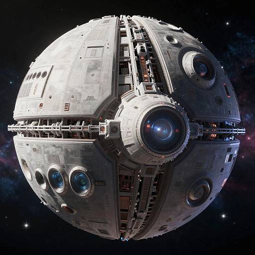 Photorealistic CGI of a detailed, spherical Star Wars droid ship with intricate mechanical parts, large blue-lensed eyes, and a segmented design against
