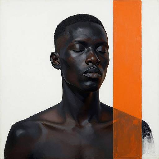 Digital artwork of a shirtless, dark-skinned Black man with closed eyes, smooth skin, and short hair, against a white background with a bold