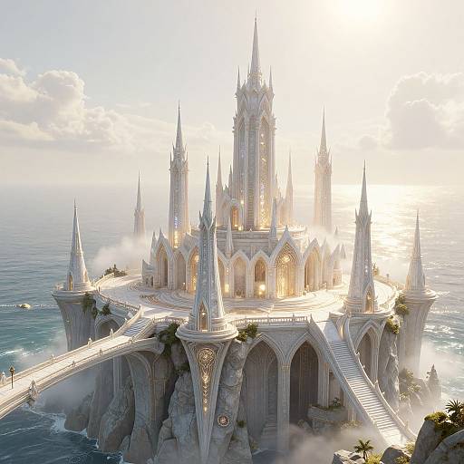 Digital rendering of a majestic, gothic-style castle with multiple spires, set on a rocky island with arched bridges, surrounded by ocean, bath
