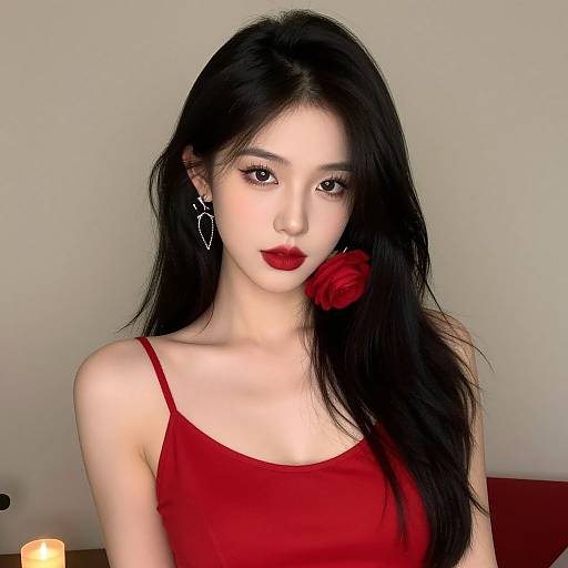 Photograph of an Asian woman with long black hair, wearing a red tank top, red lipstick, and a red rose in her hair, with a