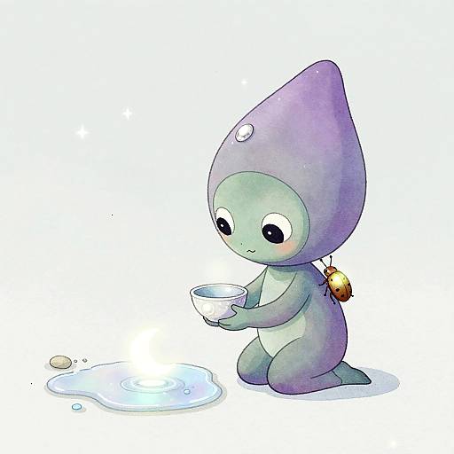 Whimsical Alien with Moonbeam and Glowing Beetle