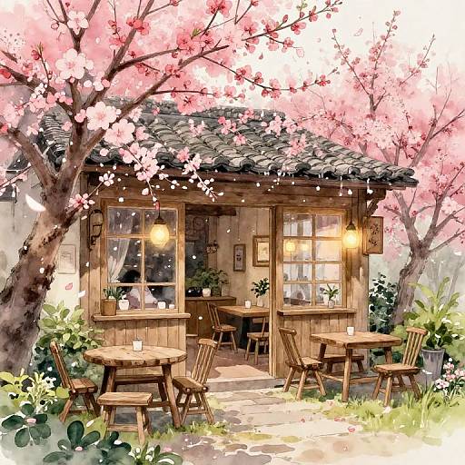Cherry blossom-covered wooden tea house with warm lights, wooden tables, and chairs, surrounded by lush greenery and pink blossoms. Digital painting.