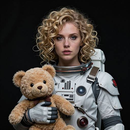 Photorealistic CGI of a blonde, curly-haired woman in a white astronaut suit holding a tan teddy bear against a black background.