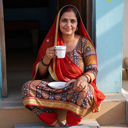 Photograph of a smiling Indian woman in a red and gold traditional saree, holding a white cup, sitting on a doorstep.