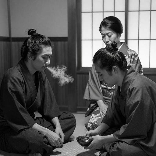 Traditional Japanese Gathering in Monochrome