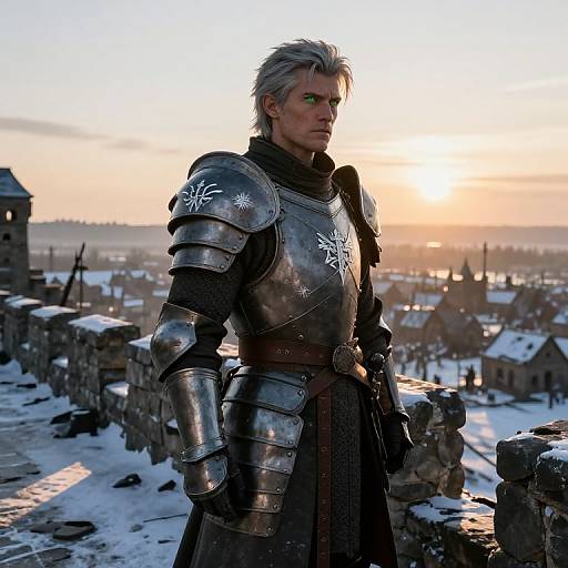 CGI image of a silver-haired, green-eyed male knight in medieval armor with snowflake emblem, standing on a snowy castle wall at sunset.