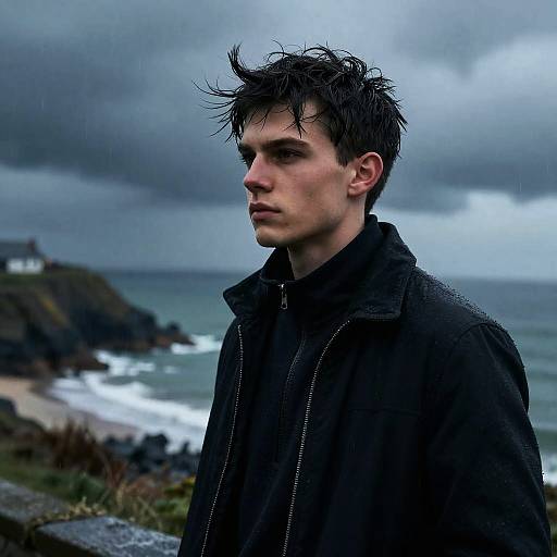 Portrait of Young Man on Breton Coast in Rain