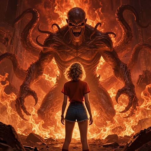 Digital artwork of a blonde woman in a red shirt and denim shorts, facing a massive, fiery, monstrous creature with tentacles and a menacing grin.