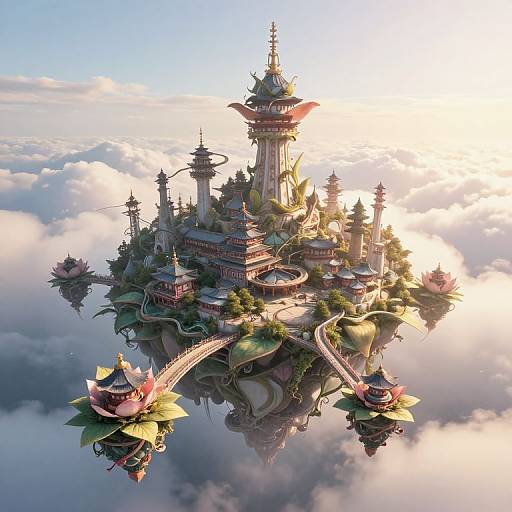 Fantasy CGI illustration of a whimsical, floating palace with ornate, multi-tiered towers, surrounded by clouds and adorned with flower-like structures.