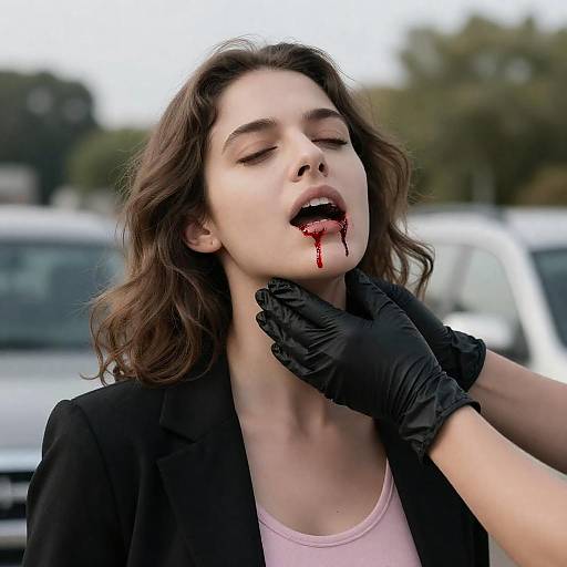 Woman Bitten on Neck, Blood Dripping