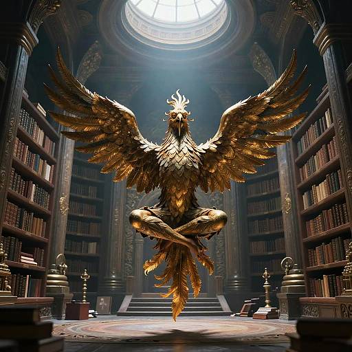 Golden Phoenix Humanoid Meditating in Ancient Library