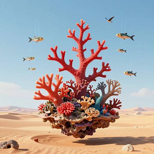 Photograph of vibrant red, pink, and blue coral cluster with fish swimming around, set in a bright, clear desert under blue sky.