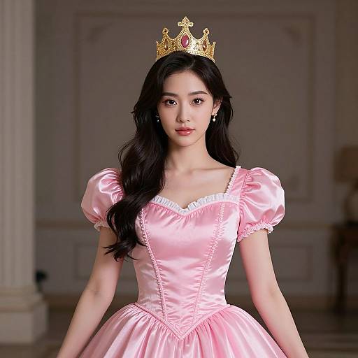 Photograph of an Asian woman with long black hair, wearing a pink satin princess dress and a gold crown, standing in a dimly lit, elegant