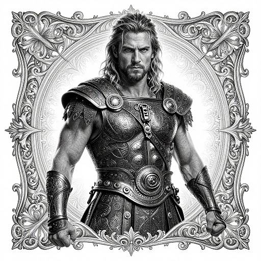 Black-and-white digital drawing of a muscular, bearded man in ornate, metallic gladiator armor, framed by intricate, baroque-style patterns.