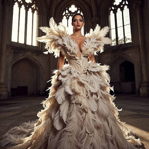 Photograph of a woman in an elaborate, feathered, off-the-shoulder white gown, standing in a dimly lit, Gothic-style hall