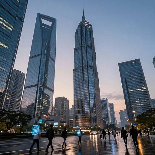 Photograph of a bustling cityscape at dusk, featuring tall, modern skyscrapers with reflective glass windows, and pedestrians walking on a wet, shiny