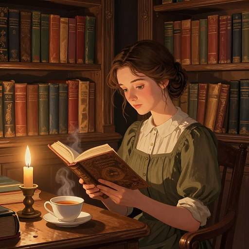 A young woman with brown hair reads a book by candlelight in a warmly lit, wooden library, with a steaming cup on the table. Digital