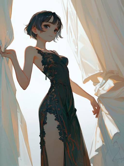 Anime Woman in Lace Dress with Sunlight