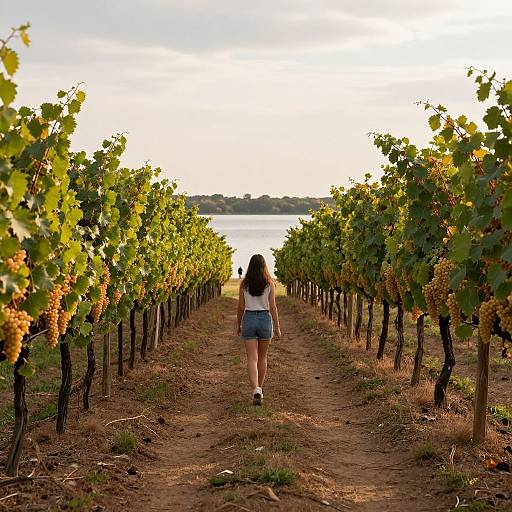 Photograph of a woman with long brown hair in a white tank top and blue denim skirt walking down a vineyard row, surrounded by lush green and