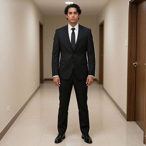 Photograph of a young man with curly black hair, wearing a black suit, white shirt, and black tie, standing in a white-tiled,