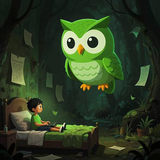 Digital illustration: Wide-eyed, glowing green owl hovers above a surprised young boy reading on a bed in a dark, cluttered, dimly-l
