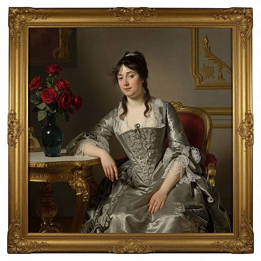 Photorealistic oil painting of a fair-skinned woman in an elaborate, silver-gray, lace-trimmed dress, seated on a gold chair,