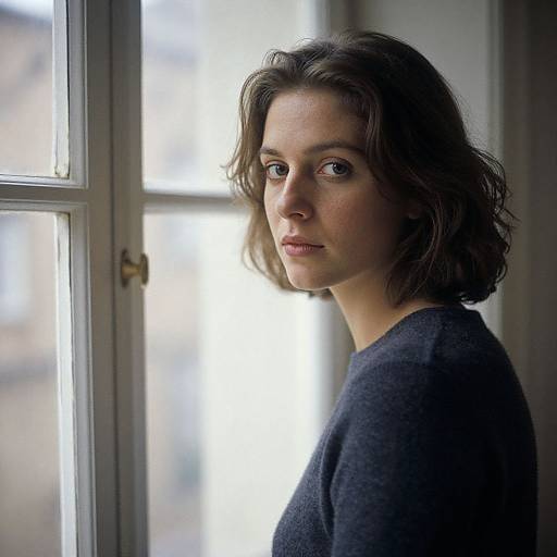 Photograph of a serious-looking young woman with short brown hair, wearing a gray sweater, standing in front of a sunlit window.