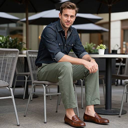 Photograph of a smiling, brown-haired man in a denim shirt, green pants, and brown loafers, sitting at an outdoor café table.