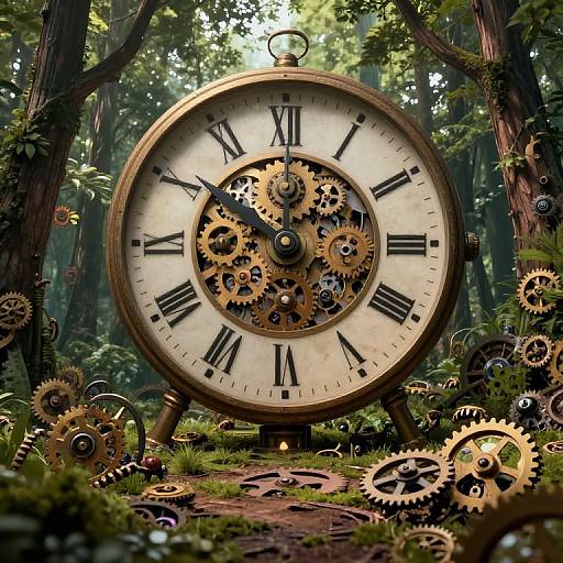 Photorealistic digital art: Giant, brass clock with intricate gears, set in a lush, sunlit forest, surrounded by scattered gears on mossy