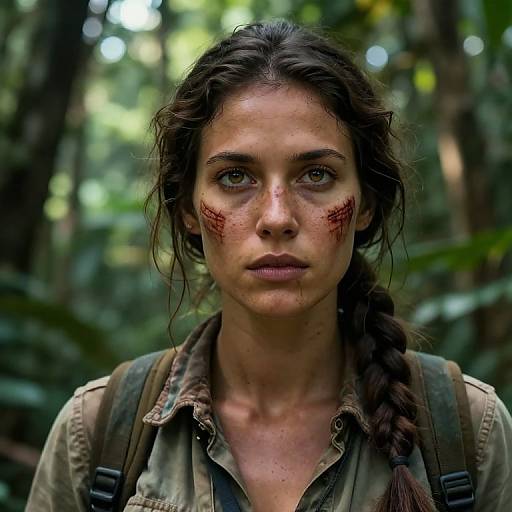 Photograph of a young woman with braided brown hair, green eyes, and red scratches on her cheeks, wearing a green shirt and backpack, in