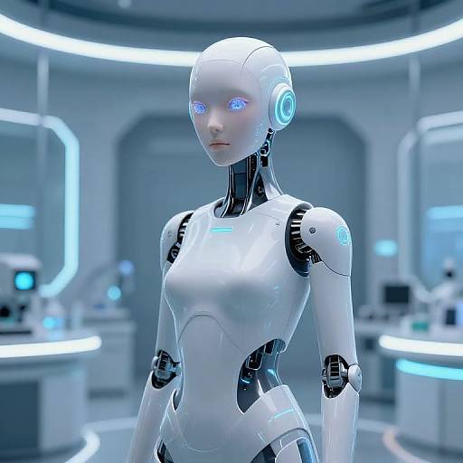 CGI image of a sleek, white, humanoid robot with blue glowing eyes, standing in a futuristic, brightly lit laboratory.